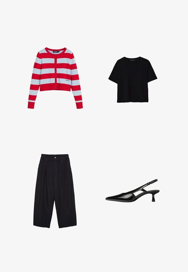 Rot und hellblau gestreifte kurze Strickjacke mit rundem Halsausschnitt, Knopfverschluss vorne und gerippten Bündchen. Mit Logo der Marke am Saum.; Schwarzes, kurzärmeliges, bauchfreies T-Shirt mit rundem Halsausschnitt und einfachem Design, flach auf weißem Hintergrund liegend.; Schwarze Polyester-Culotte mit einem elastischen Bund, zwei vorderen Falten und einer lockeren Silhouette. Keine sichtbaren Muster oder Hardware-Details.; Schwarze Lackleder-Slingback-High Heels mit spitzer Zehenform, ausgeschnittenem Seitendesign und kleinem Blockabsatz. Glatte Textur mit minimalen Akzenten.