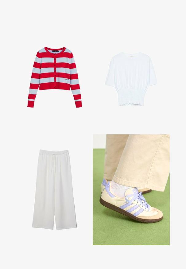 Punainen ja vaaleansininen raidoitettu lyhythihainen neuletakki, jossa on pyöreä pääntie, napitus edessä ja ribbireunukset. Merkin logo sijaitsee helmaosassa.; Valkoinen lyhythihainen t-paita, jossa on rento leikkaus ja frillattu tekstuuri vyötäröllä. Valmistettu pehmeästä, kevyestä kankaasta.; Valkoiset leveälahkeiset housut, jotka on valmistettu kevyestä kankaasta. Niissä on joustava vyötärö ja nauha säädettävää istuvuutta varten. Sileä pinta.; Kermasilta ja laventelilta näyttävät lenkkarit kolmella raidalla ja teksturoidulla ruskealla pohjalla, varustettuna nauhoilla ja pehmustetulla kantapäällä. Pehmeä kangaspinta.