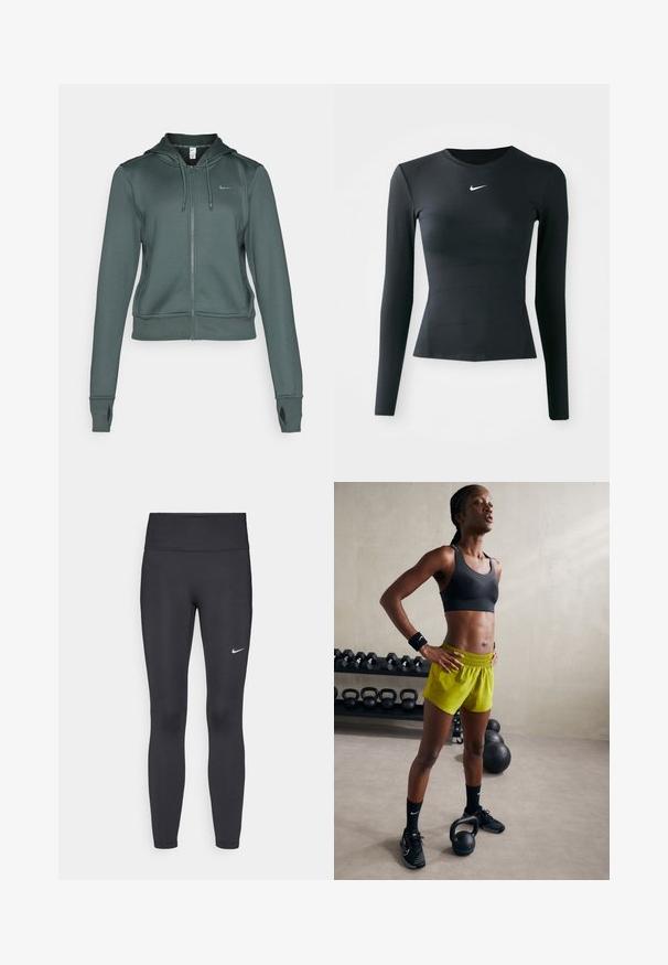 Nike Performance ONE - Camisola com fecho - vintage green/white; Top justo de mangas longas preto, feito de um tecido liso e elástico. Apresenta um decote redondo e um pequeno logotipo branco da Nike no peito.; Leggings pretos feitos de tecido elástico, com uma cintura alta e um logo branco da Nike na coxa esquerda. Textura suave, design ajustado ao corpo.; Sutiã desportivo preto, calções amarelos brilhantes com cintura elástica, sapatos de atletismo pretos e pulseiras, de pé ao lado de kettlebells.