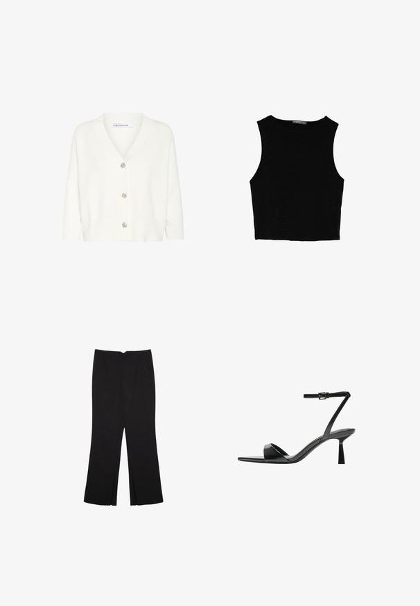 Bela kardigan iz pletenine, s V-izrezom, dolgimi rokavi in petimi dekorativnimi gumbi spredaj.; Črn brez rokavov crop top, izdelan iz gladkega materiala, z okroglim izrezom in čistim, preprostim dizajnom brez vzorcev ali dodatkov.; Črne hlače ravnega kroja z naglavnimi žepi in stranskimi razporki na robu. Narejene iz mehke, gladke tkanine. Primerne za različne priložnosti.; Bershka Sandali z visoko peto - black