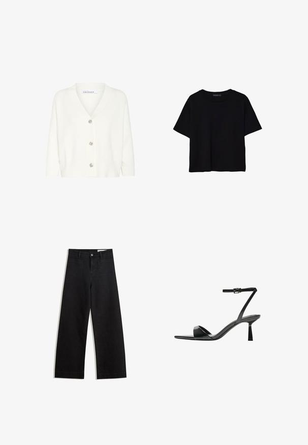 Vit cardigan av stickad material, med V-ringning, långa ärmar och fem dekorativa knappar på framsidan.; Svart t-shirt med kort ärm tillverkad av bomull. Har en rund hals och en lös passform med en slät, enfärgad yta. Inga synliga mönster eller accenter.; Svarta vida denimbyxor med hög midja, med fram- och bakfickor, sydda sömmar och knappstängning. Slät textur.; Bershka Sandaletter - black