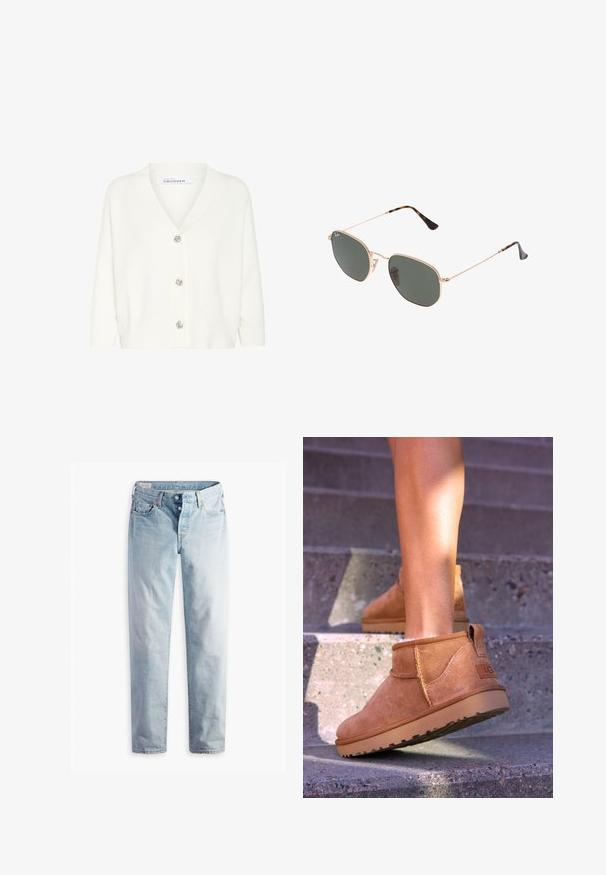 Cardigan bianco realizzato in materiale a maglia, con scollatura a V, maniche lunghe e cinque bottoni decorativi sul davanti.; T-shirt bianca a maniche corte realizzata in cotone morbido, con colletto rotondo e maniche raglan, caratterizzata da un taglio rilassato e dritto senza motivi.; Jeans in denim blu chiaro con taglio dritto, due tasche frontali e due tasche posteriori. Include una chiusura a due bottoni e cuciture sottili.; Stivali alla caviglia in suede beige con una consistenza morbida, dettagli cuciti e suola in gomma, dotati di un tacco ad anello per una facile vestibilità.; Occhiali da sole con montatura in metallo dorato e lenti verde scuro, stile aviator, con aste sottili e dettagli in tartaruga sulle punte.; Lauren Ralph Lauren PEBBLED LEATHER SMALL TANNER SATCHEL - Borsa a mano - camel