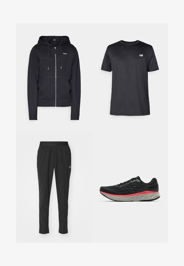 Marineblauwe hoodie gemaakt van zacht materiaal, met een rits aan de voorkant, kangoeroezakken en contrasterende stiksels. Het logo is geborduurd op de borst.; New Balance Sport T-shirt - black; Zwarte sportieve broek van lichtgewicht materiaal met een elastische tailleband, een taps toelopend ontwerp en een subtiele logodetail aan de zijkant.; Zwarte hardloopschoen met een bovenwerk van mesh, geaccentueerd door een roze tussenzoolstreep en een grijze outsole. Bevat textuurdetails en een flexibele zoolontwerp.