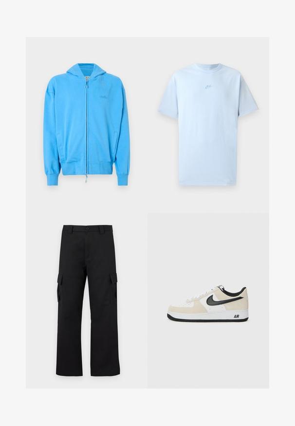 Lys blå hettegenser med glidelås, ribbestrikkede mansjetter og hem, to frontlommer og subtilt preget logo på brystet.; Himmelsblå bomull T-skjorte med korte ermer, rund hals og brodert Nike-logo i en noe mørkere blåfarge på brystet.; Svarte cargo-bukser med rett ben-design. Laget av slitesterkt stoff, med to sidelommer med klaffelukking og knappestolpe.; Sneakers med lys beige semsket skinn og hvit skinn-overdel, svart Nike swoosh, svarte detaljer, og en hvit gummisåle med "AIR" merke.