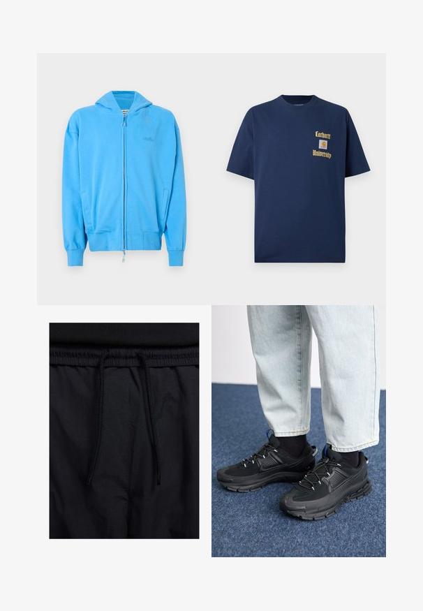Sudadera con cremallera de un brillante color azul, con capucha, puños y dobladillo acanalados, dos bolsillos frontales y un sutil logo grabado en el pecho.; Camiseta de algodón azul marino de manga corta, con texto dorado "Carhartt University" y un parche de logo en el lado izquierdo del pecho.; Pantalones cortos negros con cinturilla ajustable, tejido ligero con una textura suave y un diseño sencillo sin logotipos visibles ni patrones.; Zapatillas deportivas negras con tejido texturizado y suelas de goma, con cordones elásticos y un acento azul en el talón. Combinadas con pantalones de mezclilla claros.