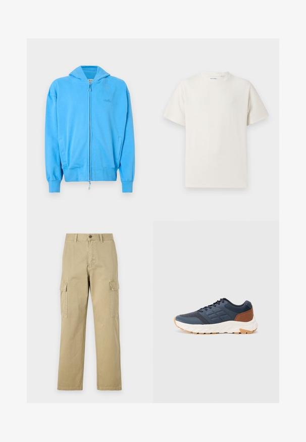 Spoža spilgtā zili ar rāvējslēdzēju, ar kapuci, ribinātiem aprocēm un piekari, divām priekšējām kabatām un smalku izspiestu logo uz krūtīm.; Balta krūštura īsām piedurknēm ar ribota auduma faktūru. Apaļš kakla izgriezums, brīvs griezums, bez redzamām rakstām vai akcentiem. Vienkāršs un daudzpusīgs dizains.; Beige kravas bikses no kokvilnas, kas aprīkotas ar divām sānu kabatām, pogu aizdari un taisnām kājām ar nedaudz teksturētu audumu.; Jūras zila sporta apavi ar brūnu papēža akcentu, teksturēta sieta augšdaļa, mīkstināta apkakle un balta gumijas zole ar rakstainu protektoru.