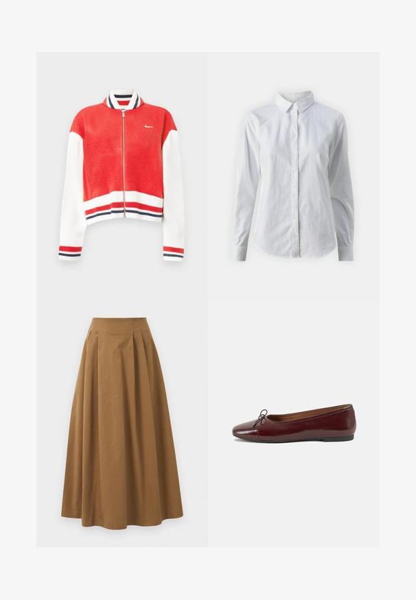 Piros és fehér cipzáras pulóver bordázott gallérral, ujjain és alsó szegélyén kontrasztos csíkokkal, valamint egy kis logóval a mellrészen.; Fehér, sima pamutből készült gombos ing, klasszikus gallérral, hosszú ujjakkal és ívelt hemvéggel. A gombok kicsik és fehérek.; Barna pamut A-vonalú szoknya magas derékkal, elöl pliszézett és sima textúrával. Az alsó szegélyek letisztultak és egyszerűek.; Burgundi lakkbőr balettcipő kerek orral, elöl kis masni díszítéssel és alacsony, fekete gumi talppal. Simára csiszolt felület.