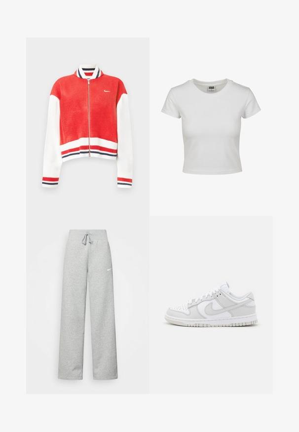 Sarkans un balts džemperis ar rāvējslēdzēju, ribots apkaklis, kontrastējošas joslas uz piedurknēm un apakšmalā, kā arī neliels logo krūtīs.; Balta kokvilnas T-kreklā ar klasisku apaļu kakla izgriezumu, īsām piedurknēm un pieguļošu piegriezumu. Nav redzami nekādi raksti vai akcenti.; Pelēkas sporta bikses ar elastīgu jostasvietu, aukliņu detalizācijām un mazu baltu Nike logotipu kreisajā augšstilbā. Mīksta auduma, brīvi pieguļošas.; Balti ādas sporta apavi ar pelēkiem akcentiem, perforētu purngalu, plakaniem šņorēm, mīkstu apkakli un strukturētu gumijas zoli.