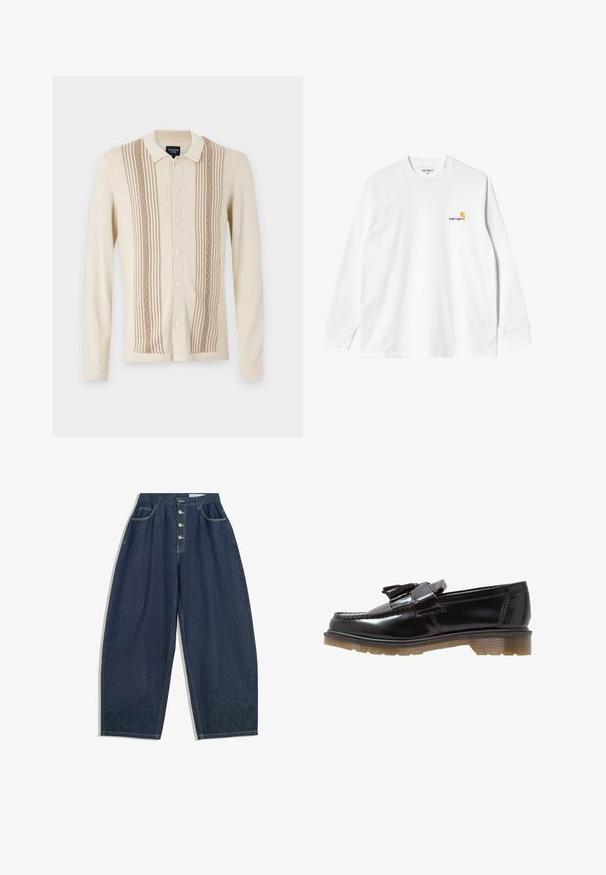 Beige cardigan with a collared neck, featuring vertical stripes, textured details, and a button-up front. Soft knit material.; Long-sleeve white cotton T-shirt with a crew neck, featuring a small yellow and burgundy logo on the left chest. Seamless cuffs and hem.; Dark blue denim wide-leg trousers with a high waist, five-button closure, and five pockets. Features stitching accents on seams.; Black patent leather loafers with a braided design, tassel accent, and a chunky, textured rubber sole. Side view showcases sleek silhouette.