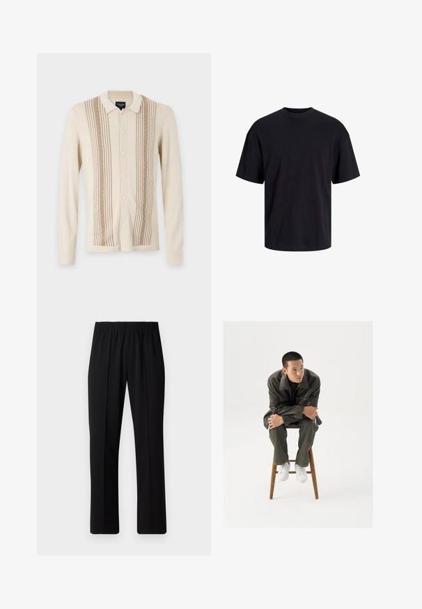 Cardigan beige avec un col, présentant des rayures verticales, des détails texturés et un devant à boutons. Matière en tricot douce.; T-shirt en coton noir avec un col ras du cou, des manches courtes et une coupe décontractée. Texture lisse sans motifs ni accents visibles.; Pantalons noirs à taille élastique avec une coupe droite, présentant une texture lisse et sans motifs ni éléments visibles.; Veste en cuir brun avec un large col, associée à un jean vert foncé et des baskets blanches. Le mannequin est assis sur un tabouret en bois.