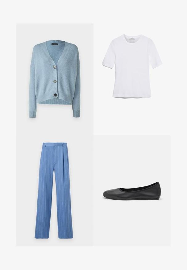 Weekend Max Mara DODO - Neuletakki - cielo; Valkoinen lyhythihainen t-paita, joka on valmistettu ribbytedusta kankaasta. Pyöreä pääntiie, normaali istuvuus ja hienovaraiset ompeluyksityiskohdat. Ei kuvioita tai grafiikkaa.; Vaaleansiniset leveälahkeiset housut, joissa on pystysuorat valkoiset raidat. Valmistettu sileästä materiaalista, jossa on etutasku ja siisti vyötärönauha.; Musta nahkainen ballerina, jossa on pyöristetty kärki, sileä pinta, minimaalinen ommelkoristelu ja joustava pohjamuotoilu.
