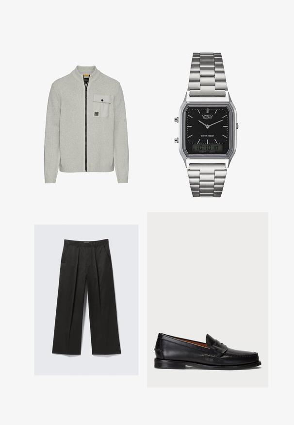 Hellgrauer Reißverschluss-Pullover mit hohem Kragen, strukturiertem Strickstoff und einer Brusttasche mit Druckknopfverschluss und kontrastierenden Akzenten.; Zwei Baumwoll-Tanktops, eines weiß und eines schwarz, jeweils mit gerippter Textur, Rundhalsausschnitt und einem kleinen roten Logo am Saum.; Schwarze weit geschnittene Hose mit glatter Textur, ausgestattet mit zwei frontalen Taschen und einem leicht erhöhten Bund.; Schwarze Lederloafer mit abgerundetem Zeh, gesteppten Details und einem dekorativen Riemen an der Vorderseite. Flache Sohle mit minimalem Profil.; Silberner Edelstahl-Quartz-Uhr mit schwarzem rechteckigem Zifferblatt, ausgestattet mit analogen Zeigern, digitaler Anzeige und Wasserdichtigkeitslabel.