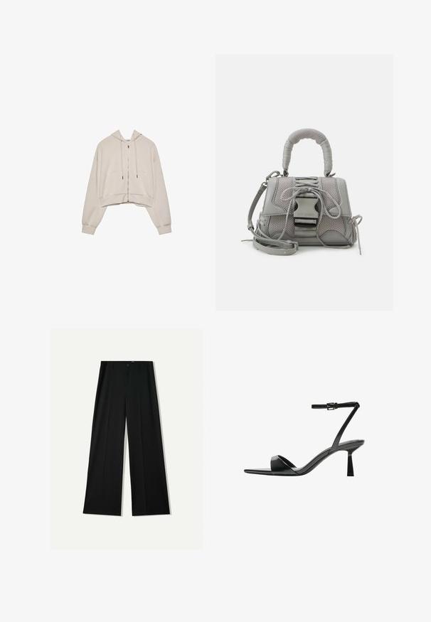 Haut ample beige avec zip sur le devant, cordons de serrage et deux grandes poches à l'avant. Présente des manches longues et décontractées ainsi que des poignets côtelés.; T-shirts à manches longues noir et blanc, avec des encolures rondes, un tissu doux et un design ajusté avec des ourlets droits.; Bershka WIDE - Pantalon classique - black; Bershka Sandales à talons hauts - black; Sac à main gris texturé avec une poignée rembourrée, des accents en maille, une bandoulière ajustable et un fermoir à l'avant. Design compact avec une forme arrondie.
