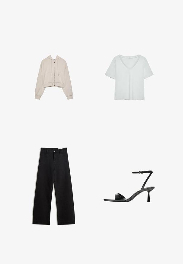Haut ample beige avec zip sur le devant, cordons de serrage et deux grandes poches à l'avant. Présente des manches longues et décontractées ainsi que des poignets côtelés.; T-shirt gris clair à manches courtes avec un décolleté en V, fabriqué en matériau doux ; présente une coupe décontractée et des coutures nettes sans motifs.; Pantalon en denim noir à jambes larges avec une taille haute, comprenant des poches avant et arrière, des coutures piquées et une fermeture à bouton. Texture lisse.; Bershka Sandales à talons hauts - black