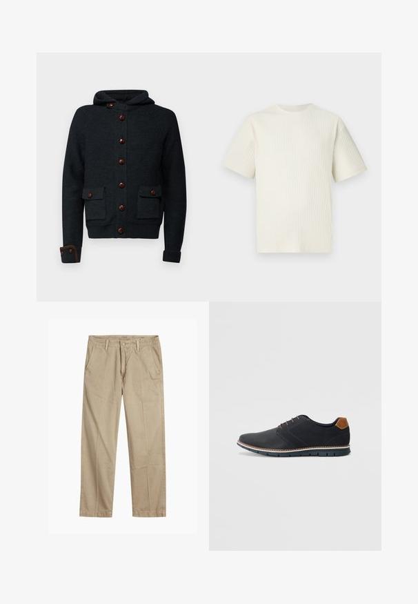 Ciemny dzianinowy kardigan z kapturem, z brązowymi guzikami, dwiema przednimi kieszeniami i ściągaczami na mankietach. Miękka tekstura o lekko ustrukturowanym fasonie.; Jasno beżowy, prążkowany t-shirt z krótkim rękawem i okrągłym dekoltem, wyeksponowany na jednolitym białym tle.; Beżowe chinosy o prostym kroju z pętlami na pasek, przednim zapięciem na guzik i zamek błyskawiczny oraz skośnymi kieszeniami z przodu.; Czarne syntetyczne buty z fakturowaną cholewką, gładkimi akcentami, brązowym obcasem i kontrastującą podeszwą. Charakteryzują się minimalnym sznurowaniem i detalami w szwach.