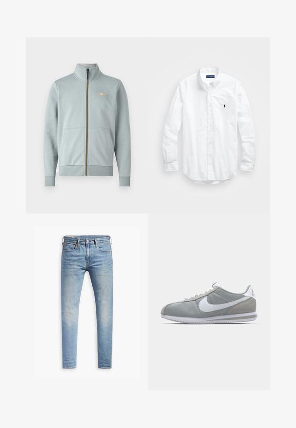 Light blue zip-up sweatshirt with high collar, front pockets, ribbed cuffs and hem, featuring a small yellow logo and smooth texture.; White long-sleeve button-up shirt in cotton. Features a classic collar, button cuffs, and a small navy embroidered logo on the chest.; Light blue slim-fit jeans with slight fading on thighs, front button closure, belt loops, and five-pocket styling on a white background.; Gray athletic shoe with a suede and textile upper, white Nike swoosh, and white laces. Features a textured rubber sole and padded collar.