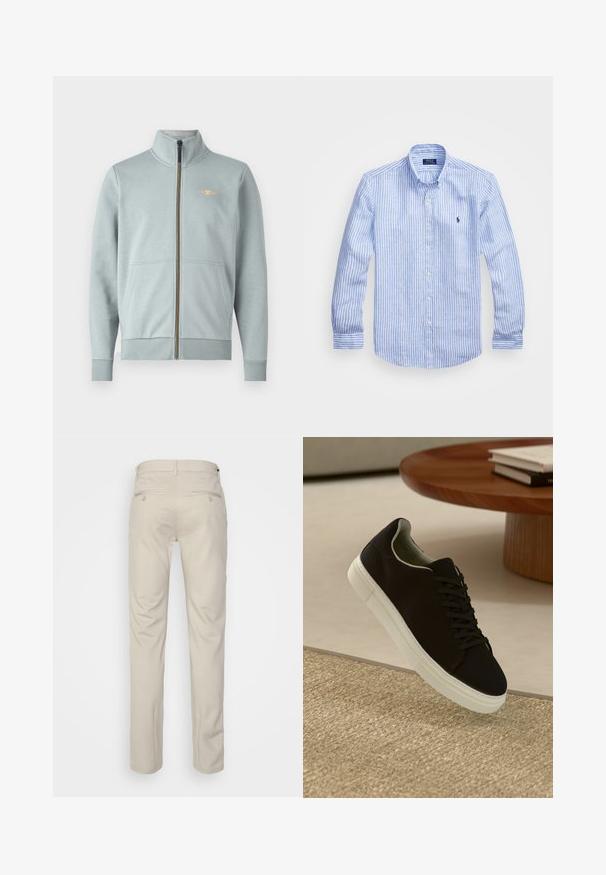 Svetlo modrá mikina na zips s vysokým golierom, prednými vreckami, rebrovými manžetami a lemom, s malým žltým logom a hladkou textúrou.; Modrá a biela prúžkovaná košeľa s dlhými rukávmi vyrobená z bavlny, vybavená golierom na gombíky, prednými gombíkmi a malým vyšitým logom na hrudi.; Béžové nohavice s hladkou textúrou, rovný strih, dve zadné vrecká s gombíkmi a štandardný pás.; Čierna teniska s bielou podrážkou plávajúca nad béžovým textúrovaným kobercom pri okrúhlom drevenom stole s hromadou kníh.