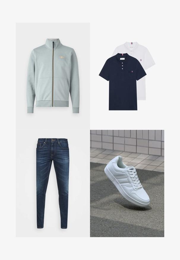 Sweatshirt azul claro com fecho éclair e gola alta, bolsos frontais, punhos e barra canelados, apresentando um pequeno logotipo amarelo e uma textura suave.; Duas camisetas polo: uma azul-marinho e uma branca, ambas com um pequeno detalhe em vermelho, branco e azul no bolso do peito e na gola.; Jeans de ganga azul escura com um corte slim, desbotamento suave, cinco bolsos e fecho com botão de metal. Detalhes costurados em cor contrastante.; Sapatilha desportiva branca com parte superior em couro liso, frente com atacadores, bico perfurado e sola padronizada. Design minimalista com três riscas laterais.