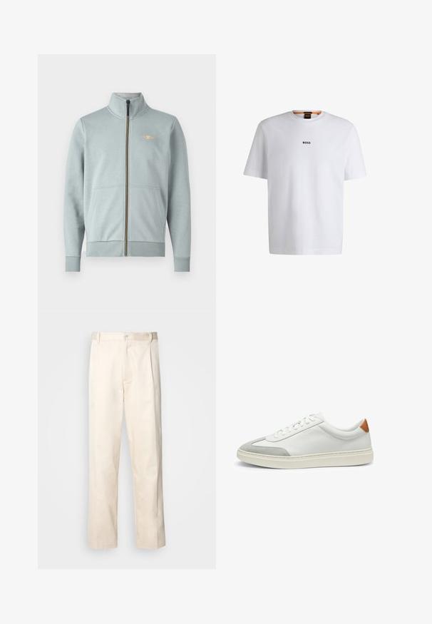 Light blue zip-up sweatshirt with high collar, front pockets, ribbed cuffs and hem, featuring a small yellow logo and smooth texture.; White cotton T-shirt with short sleeves, featuring a black "BOSS" logo centered on the chest and a round neck design.; Beige cotton trousers with a straight-leg cut, featuring a button closure and pleats at the front for added detail.; White leather sneakers with gray suede accents and a tan leather heel tab. Features a textured surface and lightweight sole.