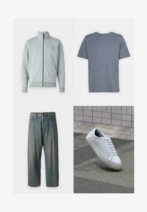 Gaiši zils zip-svārks ar augstu apkakli, priekšējām kabatām, ribota piedurkņu un apakšmalas, ar mazu dzeltenu logotipu un gludu tekstūru.; Pelēks īsām piedurknēm T-krekls ar apaļu kakla izgriezumu, izgatavots no mīkstas kokvilnas maisījuma auduma. Vienkāršs dizains, bez rakstiem vai akcentiem.; Gaiši zili džinsi ar brīvu piegriezumu, vidējo jostas augstumu un taisnām kājām. Satur piecas kabatas, jostas cilpas un pogu aizdari.; Baltas ādas sporta apavi ar gludu virsmu, šņorējams dizains un noapaļota purngala forma. Piedāvā teksturētu gumijas zoli un minimālistiskas detaļas.