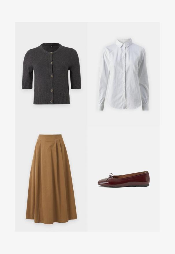 Cardigan en tricot gris foncé, avec un col rond, des manches courtes, des poignets côtelés et une fermeture à boutons sur le devant avec des boutons contrastants.; Chemise blanche à manches longues en coton lisse, dotée d'un col classique et d'un ourlet arrondi. Les boutons sont petits et blancs.; Jupe A-line en coton brun avec taille haute, dotée de plis sur le devant et d'une texture lisse. Les finitions de l'ourlet sont nettes et simples.; Ballerines en cuir verni bordeaux avec un bout rond, un petit nœud décoratif à l'avant et une semelle en caoutchouc noire basse. Texture lisse.
