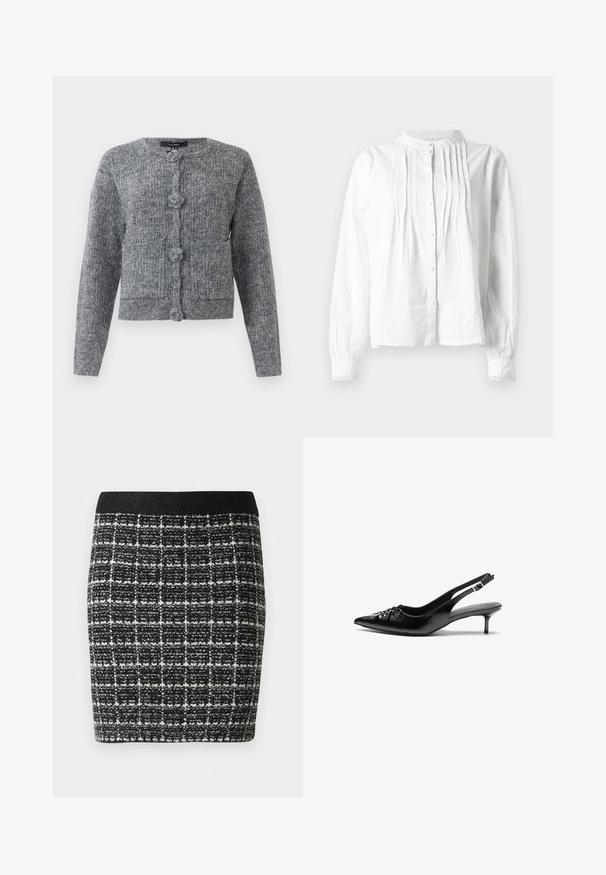 Harmaa teksturoitu neulecardigan pitkillä hihoilla ja neljällä suurilla koristepainikkeella edessä.; Valkoinen pitkähiha-bleiseri, jossa on pystykaulus, pystyröyhelöitä edessä, napitettu sulku ja pitsireunaiset hihansuut.; Mustavalkoinen ruutuhame, jossa on teksturoitu kangas, musta vyötärö ja tiukka siluetti.; Mustat nahkaiset slingback-korkokengät, joissa on terävä kärki, pieni kitten-korko ja koristeellinen solki edessä. Yksinkertainen pinta kauttaaltaan.