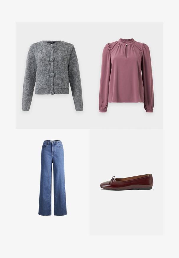 Cardigan de malha texturizada cinza com mangas longas e quatro botões decorativos grandes na parte da frente.; Blusa de manga longa em cor malva com gola franzida, decote em forma de olho de fechadura com fechamento por botão e ombros ligeiramente bufantes.; Jeans de ganga azul claro, de perna larga e cintura alta, com dois bolsos frontais e costuras visíveis. Apresenta um fecho de botão e zíper.; Bailarinas em couro sintético borgonha com bico redondo, pequeno laço na frente e sola baixa em borracha preta. Textura suave.