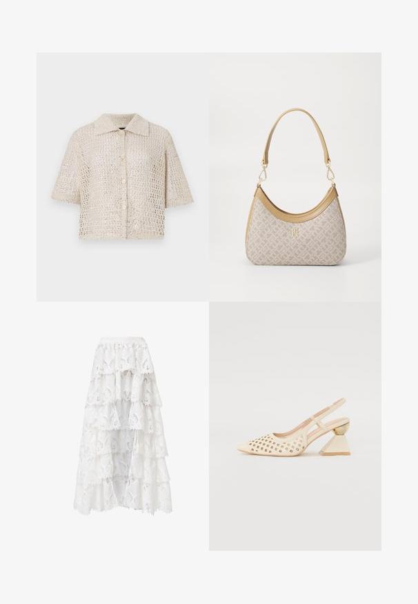 Maglietta a maniche corte in maglia beige con colletto, caratterizzata da un design a trama larga e chiusura con bottoni, accentuata da piccoli dettagli riflettenti.; Blusa bianca in pizzo con scollatura rotonda, maniche a sbuffo corte e motivo floreale. Presenta chiusura con bottoni e tessuto trasparente.; Gonna di pizzo bianca con un design a strati e bordi scallop. Il materiale presenta un motivo floreale e una texture che creano un aspetto stratificato.; Scarpa slingback beige con tomaia perforata, punta affilata e un tacco triangolare a contrasto con un accento dorato. Texture liscia nel complesso.; Borsa a tracolla beige con un motivo stampato, forma curvata, dettagli in pelle e un logo dorato sul davanti. Presenta una maniglia corta per un facile trasporto.; Lauren Ralph Lauren COLLAR - Collana - gold-coloured/white