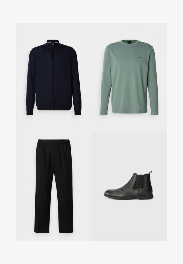 Cardigan azul-marinho feito de material de malha fina, com frente abotoada, colarinho e mangas longas. Textura suave com punhos e barra canelados.; T-shirt de manga longa verde clara, feita de tecido suave. Apresenta um decote redondo e um pequeno logótipo "BOSS" bordado no peito.; Calças pretas feitas de um tecido suave, com um cós elástico, design de perna reta e dois pregues frontais para um detalhe adicional.; Botas de cano baixo em couro preto com uma textura suave, painéis laterais elásticos e uma aba na parte de trás. Bico arredondado e sola de borracha.