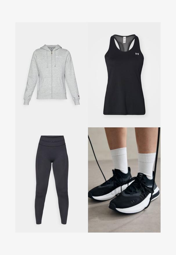 Grijze rits hoodie van zachte stof, met een logo op de linker borst, een capuchon met trekkoord en voorzakken. Klassieke pasvorm met geribbelde boorden.; Zwarte sportieve tanktop van een gestructureerde stof, met een racerback-ontwerp en subtiele logodetail op de borst. Lichtgewicht en ademend materiaal.; Zwarte leggings met een hoge elastische tailleband met de tekst "UNDER ARMOUR". Glad textuur met subtiele patroonaccenten langs de benen.; Zwarte sportschoenen van gestructureerde stof, met een witte zool en zwarte veters. Draag ze met witte geribde sokken, staand op een lichte ondergrond.