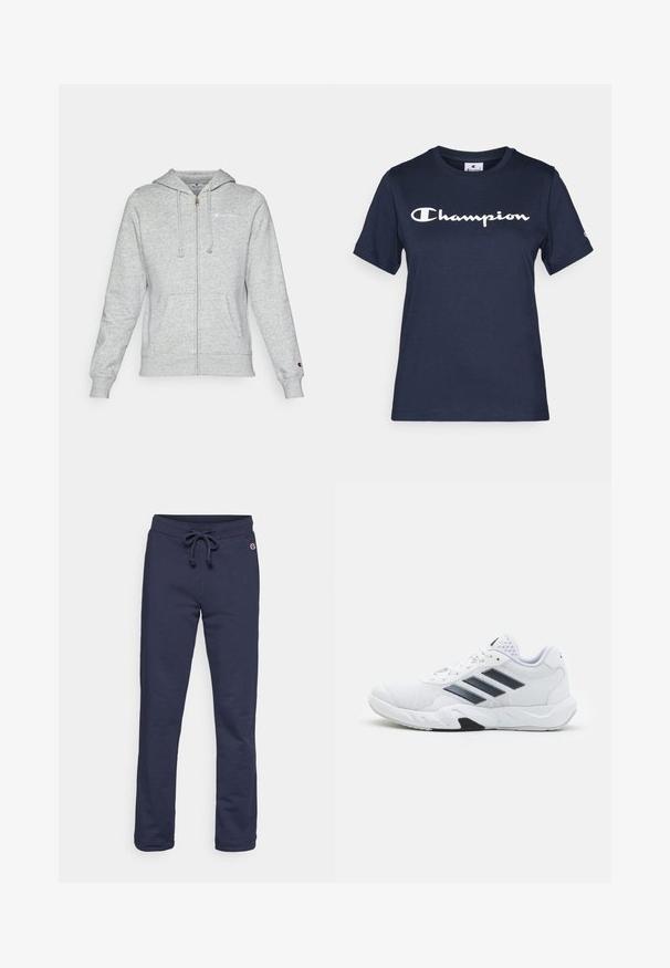 Felpa grigia con zip realizzata in tessuto morbido, con un logo sul lato sinistro del petto, cappuccio con lacci e tasche frontali. Vestibilità classica con polsini in costina.; Maglietta in cotone blu navy con maniche corte, con un grande logo bianco "Champion" sul petto e un piccolo logo sulla manica.; Pantaloni tuta blu navy realizzati in morbido tessuto misto cotone, con vita regolabile tramite coulisse e orlo chiuso, caratterizzati da un piccolo logo decorativo.; Scarpa sportiva bianca con tomaia in mesh, tre strisce nere sui lati, dettagli testurizzati e una suola in gomma robusta con una sezione nera a contrasto.
