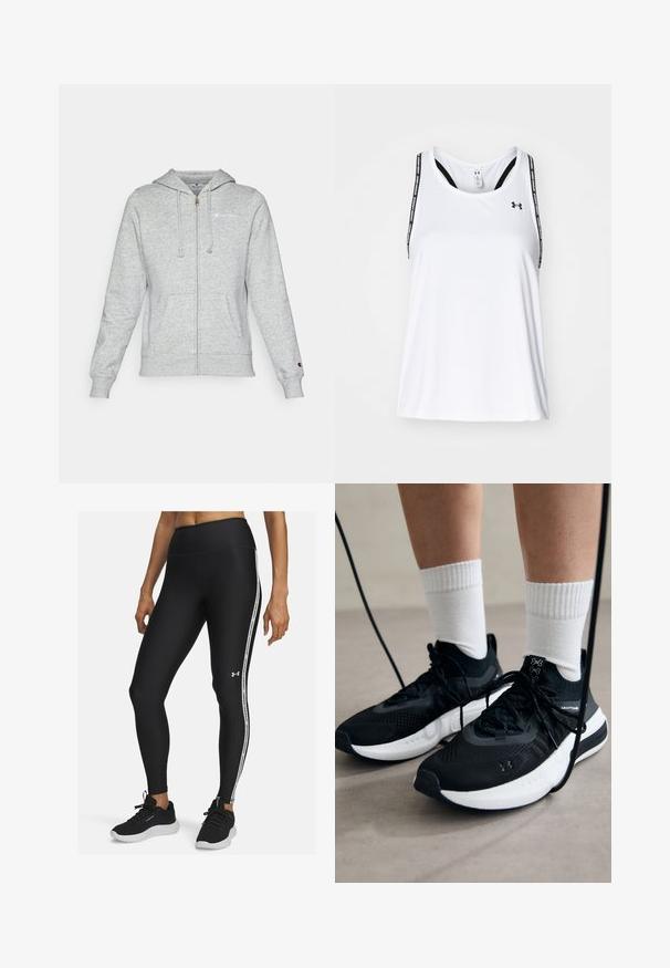 Sudadera con cremallera gris, fabricada en tejido suave, que presenta un logo en el lado izquierdo del pecho, capucha ajustable con cordones y bolsillos frontales. Corte clásico con puños acanalados.; Top deportivo blanco sin mangas con finas correas negras, que presenta un logotipo y un texto impreso, confeccionado en una tela ligera y transpirable; corte holgado.; Leggings deportivos negros con una cintura alta y una franja lateral que presenta el logo de "Under Armour". Hechos de un tejido elástico y suave.; Zapatillas deportivas negras con tela texturizada, suela blanca y cordones negros. Llevadas con calcetines blancos de canalé, de pie sobre una superficie clara.