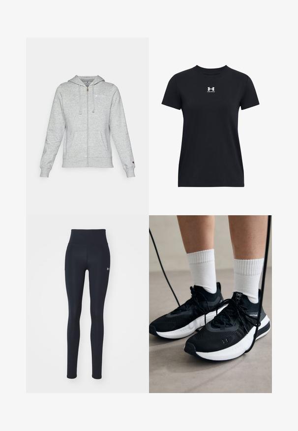 Capuz cinza com fecho, feito de um tecido suave, apresentando um logótipo no lado esquerdo do peito, capuz com cordão e bolsos frontais. Ajuste clássico com punhos canelados.; Camiseta preta de manga curta feita de algodão. Tem um decote redondo e um logo branco da Under Armour no peito. Design simples e sólido.; Leggings atléticos pretos feitos de tecido elástico, com uma cintura alta, bolsos laterais e um pequeno logo na parte inferior da perna.; Sapatilhas desportivas pretas com tecido texturizado, sola branca e atacadores pretos. Usadas com meias brancas caneladas, a pé sobre uma superfície clara.