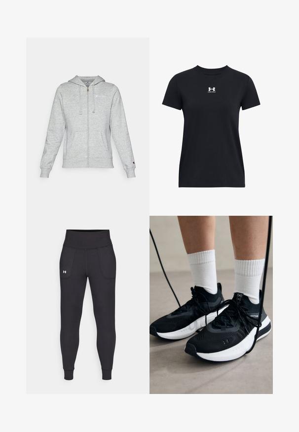 Pelēks zipa džemperis, izgatavots no mīkstas auduma, ar logotipu uz kreisā krūšu pagrieziena, ar auklu kapuci un priekšējām kabatām. Klasisks piegriezums ar elastīgu aproču apdari.; Melnas īsām piedurknēm t-krekls, izgatavots no kokvilnas. Aprīkots ar apaļu kakla izgriezumu un baltu Under Armour logo uz krūtīm. Vienkārša, vienkrāsaina dizaina.; Melnas sporta legingi, kas izgatavoti no stiepjama materiāla, ar augstu jostasvietu, sānu kabatām un pieguļošiem anklets.; Melni sporta apavi ar strukturētu audumu, balta zole un melni šņores. Valkāti ar baltām ribotām zeķēm, stāvot uz gaišas virsmas.