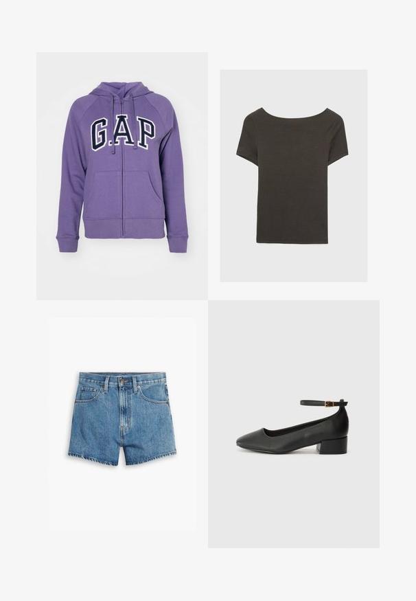 GAP HERITAGE - Mikina s kapucňou - grape flavor; Tmavošedý top s krátkym rukávom a lodičkovým výstrihom. Vyrobený z rebrovanej látky, s voľným strihom a čistým lemovaním. Jednoduchý dizajn, bez vzorov.; Džínové šortky v svetlo modrej farbe, s piatimi vreckami, zipsom a zapínaním na gombík. Spodný lem je rozstrapkaný s voľným strihom.; Čierne kožené lodičky s špicatou špičkou a nízkym blokovým podpätkom. Obsahuje remienok okolo členka so zlatým prackou. Hladký povrch.