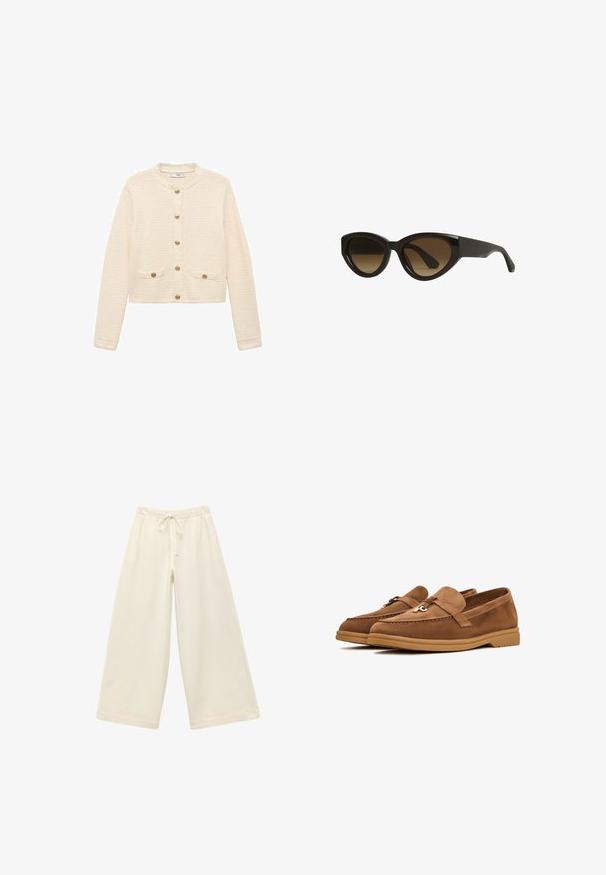 Cremefarvet cardigan lavet af tekstureret stof, med lange ærmer, rund halsudskæring, guldknapper og forlommer.; Strik top uden ærmer i elfenben med et struktureret, åbent vævdesign. Bølgekanter ved armhuller og nederste kant tilfører detaljer.; Cremefarvede bukser med brede ben, elastisk talje og snøre. Glat tekstur, knælængde, løs pasform og uden synlige mønstre.; Brune ruskind loafers med flad sål, prydet med en dekorativ sløjfe og diskrete stikninger. Rund tå-design.; CHIMI CHIMI 06 - Solbriller - brown