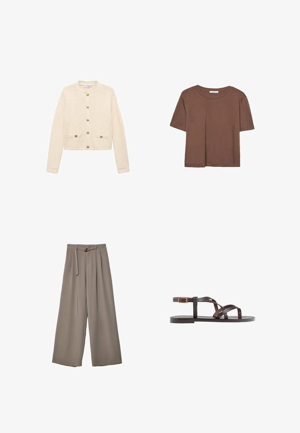 Cardigan color crema realizzato in tessuto testurizzato, con maniche lunghe, colletto rotondo, bottoni dorati e tasche frontali.; Maglietta a maniche corte marrone realizzata in tessuto morbido, con scollatura rotonda e vestibilità rilassata. Nessun motivo o dettaglio visibile.; Pantaloni a gamba larga in un morbido tessuto grigio tenue, con vita con cintura e pieghe per un tocco di design aggiuntivo. Texture liscia, senza motivi.; Sandal in pelle marrone con cinturini incrociati, chiusura con cinturino alla caviglia e suola piatta con dettagli di cucitura minimi.