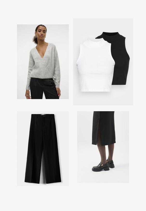 Ljusgrå inslagssweater med djup V-ringning, lång ärm och strukturstickning. Den har en knytning i midjan.; Två ärmlösa ribbade polotröjor i svart och vitt, med en figursydd design och slät textur, i en kortad längd.; Svarta vida byxor i lätt material, med knappstängning fram och platt front, samt väl sydda fållar.; Svarta läderskor med rund tå, tjock klack utan häl och elastiska sidodetaljer, kombinerat med mörka strumpbyxor och en svart kjol med slits.