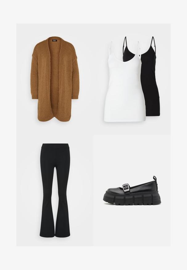 Lång cardigan med öppen front, tillverkad av mjukt, strukturerat brunt stickat tyg. Den har sänkt axlar och ribbade ärmslut, med en mysig, avslappnad passform.; Två damtopp: en vit och en svart, gjorda av mjukt material, med tunna axelband och en djup V-ringning.; Svarta utsvängda byxor i elastiskt tyg med hög midja och en mjuk textur. Byxorna vidgar sig från knäet.; Svarta plattformsskinnskor med rund tå, slät läderöversida, justerbar spänne och strukturerad gummisula med horisontella ränder.