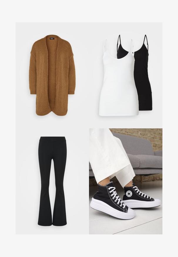 Dolga, odprta kardigan jakna iz mehke, teksturirane rjave pletene tkanine. Ima spuščena ramena in rebraste manšete ter udoben, sproščen kroj.; Dve ženske majice brez rokavov: ena bela in ena črna, narejeni iz mehkega materiala, z majhnimi naramnicami in globokim V-izrezom.; Črne hlače s širokimi hlačnicami, izdelane iz raztegljive tkanine, z visokim pasom in gladko teksturo. Hlače se širijo od kolena navzdol.; Črni visoki supergi z belimi gumijastimi podplati in vezalkami. Na njih je okrogel logotip in kontrastno belo šivanje. Iz blaga platna.