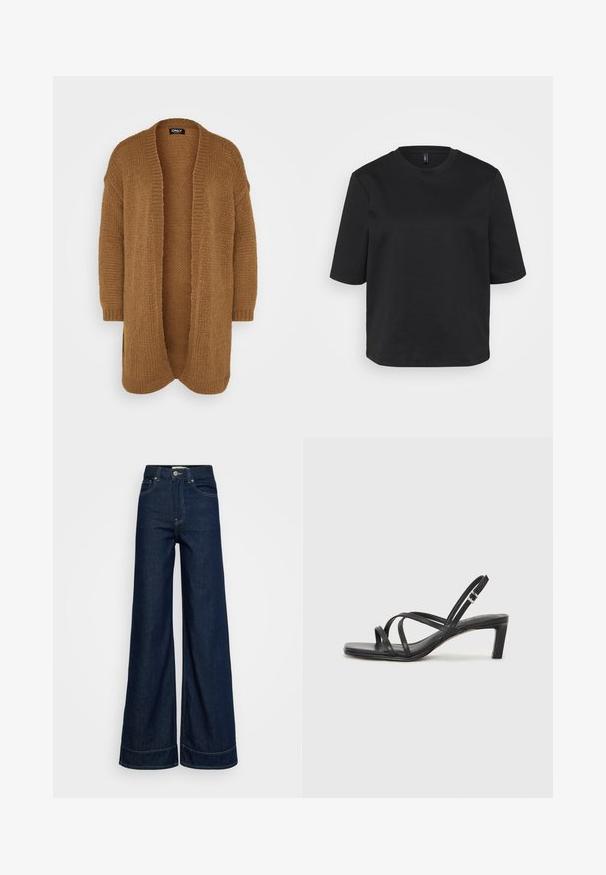 Dlhý otvorený kardigán vyrobený z mäkkej, textúrovanej hnedé pleteniny. Má spustené ramená a rebrované manžety s pohodlným, voľným strihom.; Čierny tričko s okrúhlym výstrihom vyrobené z bavlny, s krátkymi rukávmi a voľným strihom. Hladká textúra bez viditeľných vzorov alebo akcentov.; Tmavomodré vysoké široké nohavice s vreckami vpredu, s pútkami na opasok, zapínaním na gombík a viditeľným šitím na bielom pozadí.; Čierne sandále na vysokom podpätku so štvorcovou špičkou a nízkym blokovým podpätkom. Obsahujú viacero tenkých popruhov a nastaviteľný členkový popruh. Vyrobené z hladkej kože.