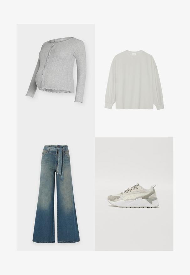 Siv pevčast nosečniški jopič z okroglim izrezom, zapenjanjem na gumbe spredaj in detajli z naborki na spodnjem robu. Ima dolge rokave in oprijet kroj.; Svetlo siva majica s dugim rukavima izrađena od mekog pamuka. Ima slobodan kroj, okrugli izrez i blago nabrane manžetne. Bez uzoraka ili grafike.; Široke jeans hlače z gradientom od svetlo do temno modre, visokim pasom, zankami za pas in pasom iz istega materiala. Tekstura denim končnica.; Svetlo sivi in beli športni copat iz mrežastega materiala in usnja, z debelim podplatom, teksturiranimi detajli in poenostavljenim dizajnom z vezalkami.
