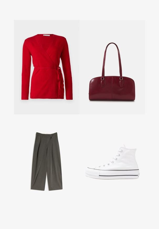 pure cashmere - Kardigan; Even&Odd Petite - Top; Spodnie o szerokich nogawkach w ciemnoszarym materiale. Posiadają płaskie przody, boczne kieszenie oraz pojedyncze zapięcie na guzik. Gładka tekstura, dopasowany krój.; Białe wysokie trampki z płótna z czarną gumową podeszwą, przednim czubkiem z gumy i sześcioma dziurkami na sznurowadła, charakteryzujące się prostym, minimalistycznym designem.; Zign MURREN ciemnoczerwony