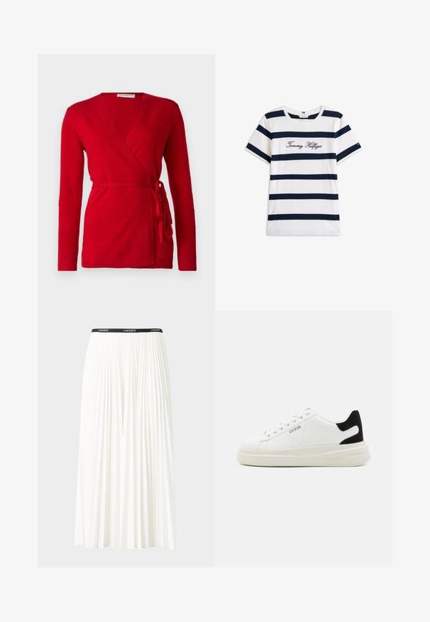 pure cashmere WRAP CARDIGAN - Kardiganas - lipstick red; Baltos medvilninės marškinėliai su horizontaliomis tamsiai mėlynomis juostelėmis. Ant krūtinės išsiuvinėtas „Tommy Hilfiger“ rašmuo. Apvalus iškirpimas.; Pleated balta sijonas su juodu elastiniu juosmeniu, ant kurio yra "LACOSTE" logotipas. Vidutinio ilgio dizainas su švelnia tekstūra.; Baltos odinės sportbačiai su storu baltu padu, juodu nubuko kulno akcentu ir iškilmingu logotipu šone. Su raišteliais, turinčiais šešis akinius.