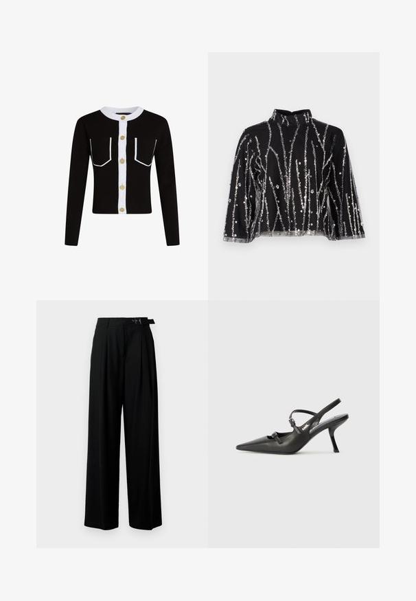 Černý cardigan s dlouhými rukávy, bílou knoflíkovou légou a zdobenými kapsami. Obsahuje zlaté knoflíky a pletený bílý límec.; Černý zkrácený top s vysokým límcem, s vertikálními stříbrnými flitry, průhlednými rukávy a texturovanou tkaninou.; Černé široké kalhoty s vysokým pasem, záhyby vpředu a páskem s přezkou. Vyrobené z hladké, lehké tkaniny.; Černé kožené lodičky na boku s špičatou špičkou, štíhlým podpatkem a dekorativní přezkou na nártu. Hladká textura a elegantní design.