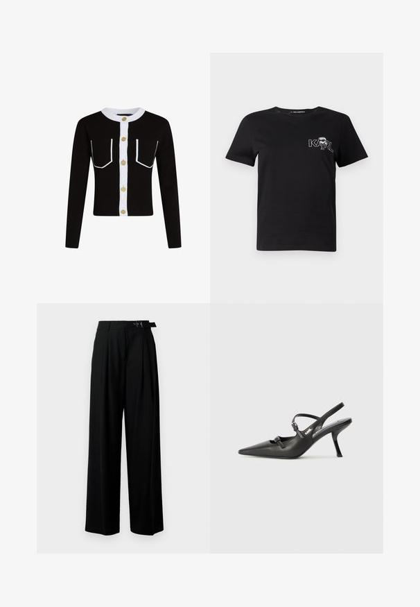 Juodas megztinis su ilgomis rankovėmis, baltomis sagų eilėmis ir apibrėžtais kišenėmis. Puošia aukso sagos ir ríbiniu baltu coloru.; Juodas trumpomis rankovėmis marškinėliai, pagaminti iš medvilnės. Puošia balta grafika su tekstu "KARL" ir stilizuotu figūra ant krūtinės. Apvalus iškirpimas.; Juodos plačios kojų kelnės su aukštu liemeniu, priekinėmis klostėmis ir diržu su sagtimi. Pagamintos iš lygaus, lengvo audinio.; Juodi odiniai slingback kulniukai su smailiu pirštu, siauru kulnu ir dekoratyvine sagtimi viršuje. Lygus paviršius ir elegantiškas dizainas.