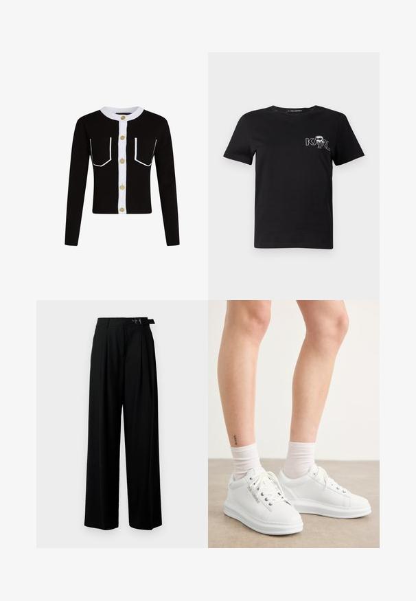 Svart cardigan med lange ermer, hvit knappestolpe og konturert lommer. Har gullknapper og en stripete hvit krage.; Svart kortermet t-skjorte laget av bomull. Har et hvitt grafisk trykk med teksten "KARL" og en stilisert figur på brystet. Rund hals.; Svarte vide bukser med høy livlinje, folder foran og belte med spenne. Laget av glatt, lett materiale.; Hvite skinn-sneakers med glatt tekstur, rund tå og flat gummisåle. Snøringen er synlig, og sokkene har hvit mansjett.