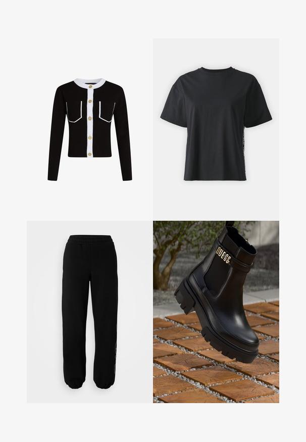 Juodas megztinis su ilgomis rankovėmis, baltomis sagų eilėmis ir apibrėžtais kišenėmis. Puošia aukso sagos ir ríbiniu baltu coloru.; Juoda trumpomis rankovėmis medvilninė marškinėliai su laisvu siluetu ir kontrastine šonine juostele, kurioje yra mažas tekstas ir dizaino detalės.; Juodi sportiniai kelnes su elastine juosta ir rankogaliais. Pagamintos iš minkštos medžiagos, kurios kairiajame kojoje yra švelnus dizaino akcentas.; Juodos odinės kulkšninių botai su masyviu guminiu padu, elastinėmis šoninėmis detalėmis ir auksine akcento detalė su "GUESS" ženklu.