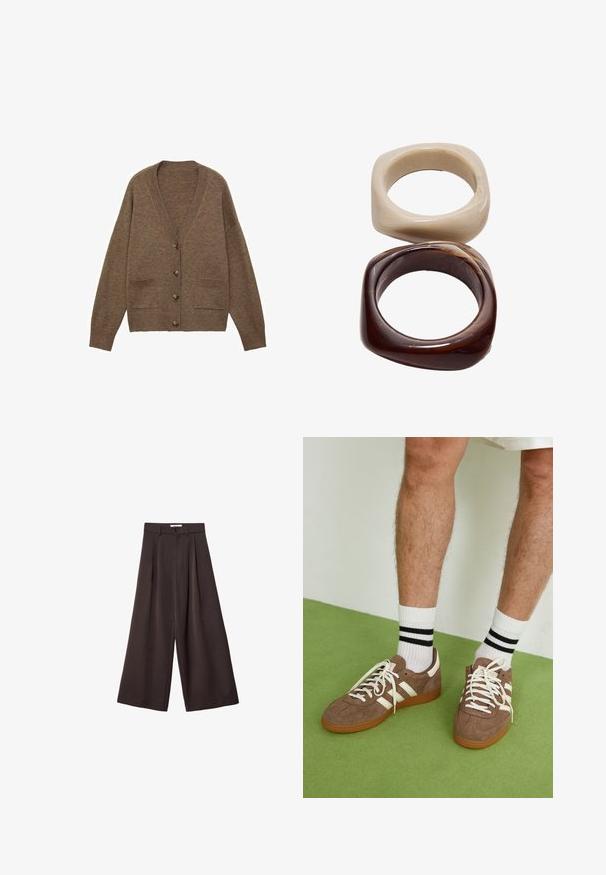 Brown wool cardigan with a V-neck, five buttons, and two front pockets. Ribbed cuffs and hem, relaxed fit, soft texture.; Branded smocked tank top in an orange and cream floral pattern, featuring thin straps and a relaxed fit. Lightweight, soft fabric.; Black wide-leg trousers with a high waist, featuring front pleats and a button closure at the waist, made from smooth fabric.; Brown suede sneakers with white accents and laces. Rubber gum sole. Worn with white socks featuring black stripes. Green textured flooring.; Stradivarius SET - Bracelet - dark brown