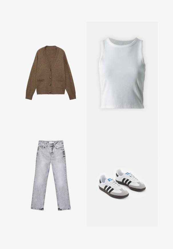 Brauner Wollcardigan mit V-Ausschnitt, fünf Knöpfen und zwei Vordertaschen. Gerippte Bündchen und Saum, lockere Passform, weiche Textur.; Weißes, geripptes Tanktop mit runder Ausschnittform und ärmellosem Design, ausgestattet mit einem geraden Saum und einer glatten, dehnbaren Textur.; Graue Jeans aus Denim mit geradem Bein, mit Used-Effekten, fünf Taschen und kupferfarbenen Nieten. Der Bund verfügt über ein Logoshirt.; Sportschuhe mit einem Obermaterial aus weißem Leder, grauer Wildleder-Zehenkappe und drei schwarzen Streifen. Sie verfügen über ein blaues Logo auf der Zunge und eine strukturierte Gummisohle.